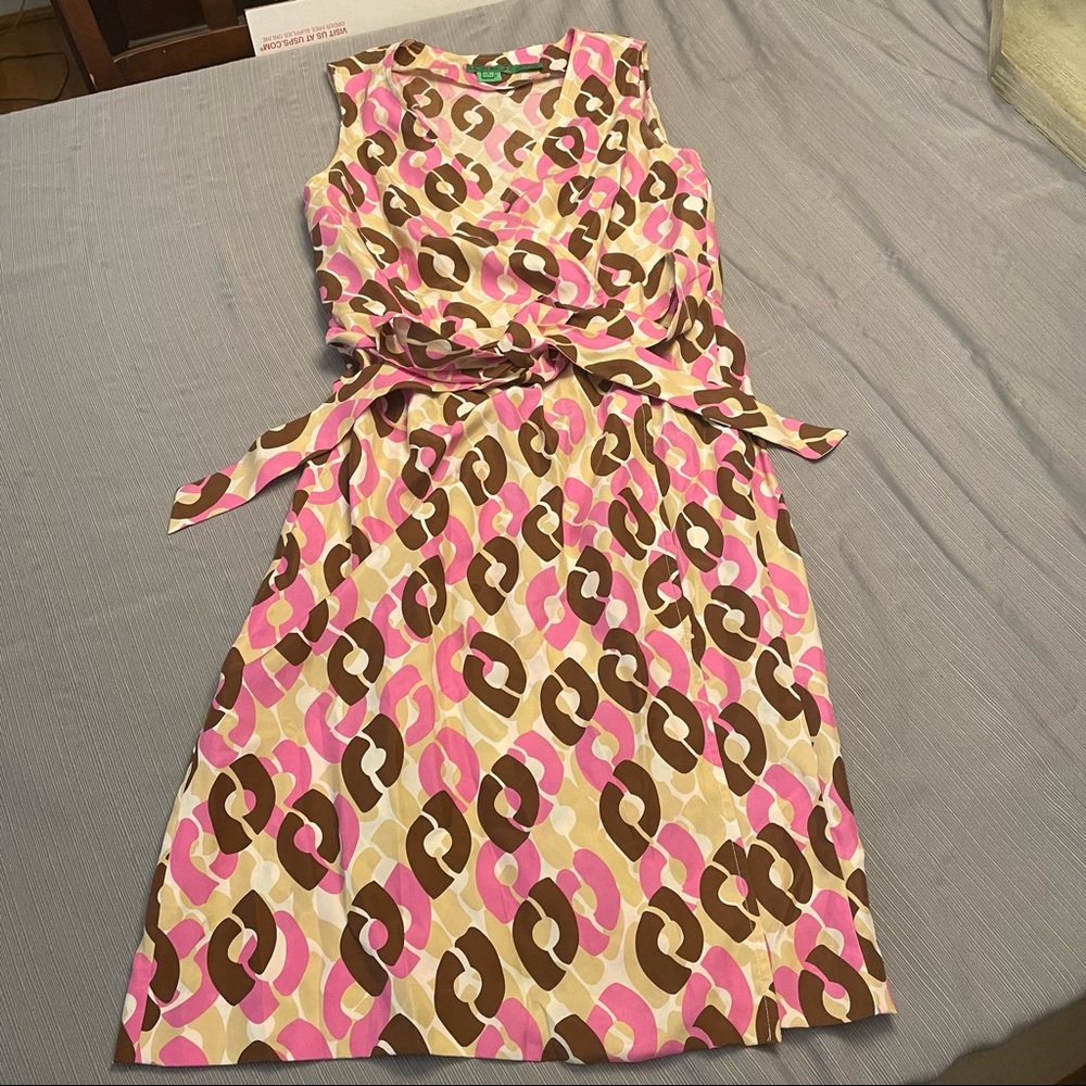 Tibi 100% Silk Brown, Pink & Cream Sleeveless Wrap Dress 4